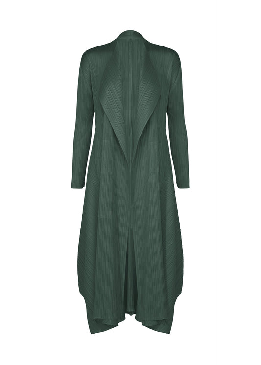 A product shot of the PLEATS PLEASE ISSEY MIYAKE MONTHLY COLORS : OCTOBER coat in dark green.