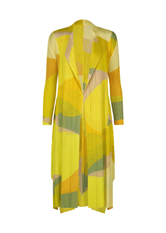 A product shot of the PLEATS PLEASE ISSEY MIYAKE ORBIT coat in yellow.