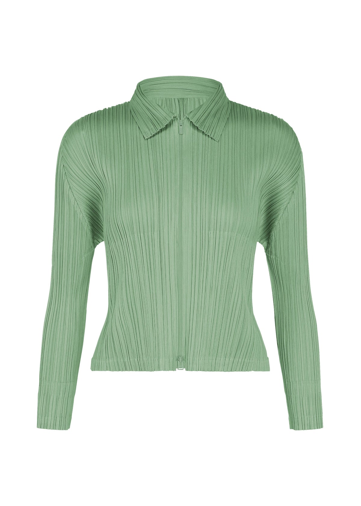A product shot of the PLEATS PLEASE ISSEY MIYAKE MONTHLY COLORS : AUGUST jacket in grayish green.