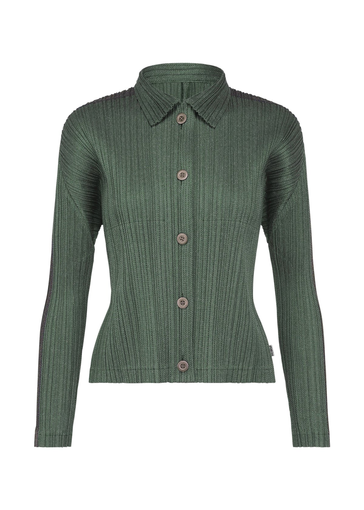A product shot of the PLEATS PLEASE ISSEY MIYAKE COTTON DENIM jacket in dark green.