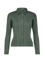 A product shot of the PLEATS PLEASE ISSEY MIYAKE COTTON DENIM jacket in dark green.