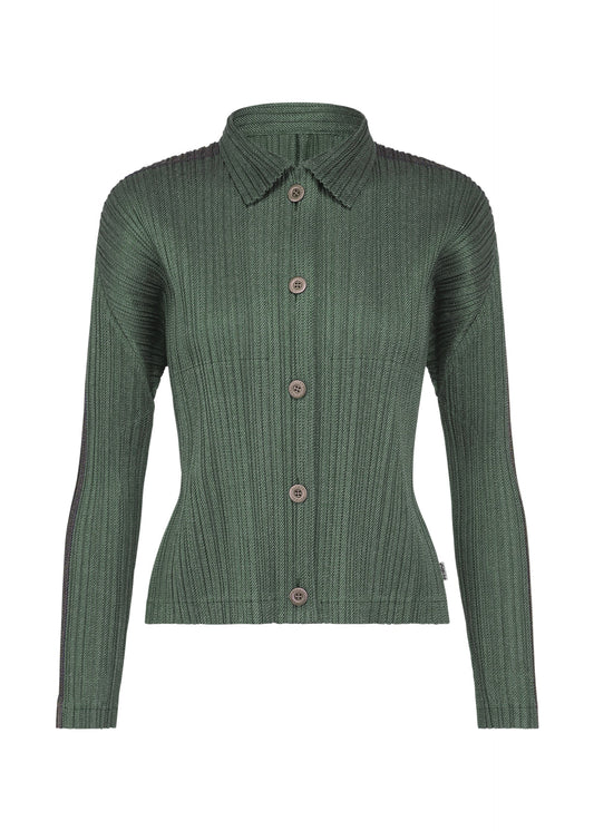 A product shot of the PLEATS PLEASE ISSEY MIYAKE COTTON DENIM jacket in dark green.