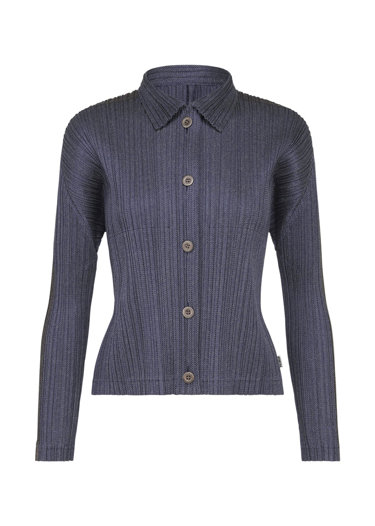 A product shot of the PLEATS PLEASE ISSEY MIYAKE COTTON DENIM jacket in navy blue.