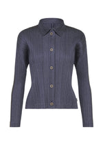 A product shot of the PLEATS PLEASE ISSEY MIYAKE COTTON DENIM jacket in navy blue.