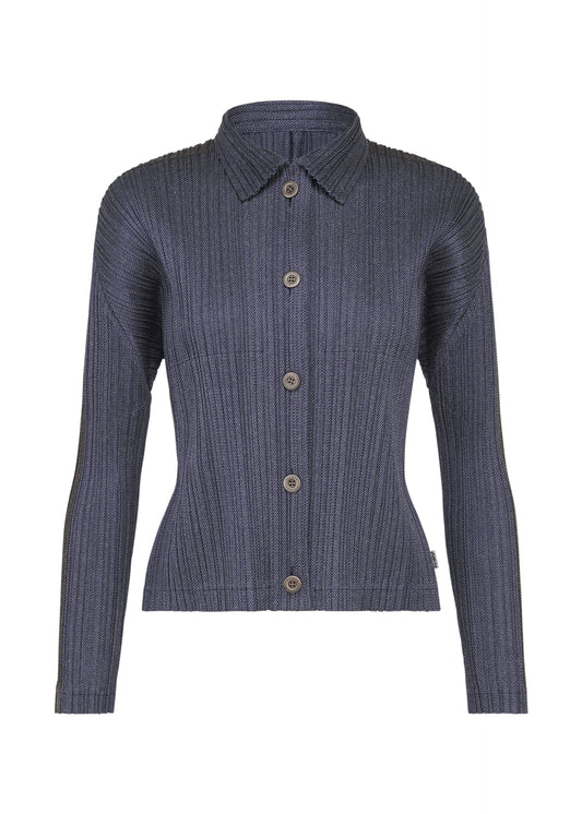 A product shot of the PLEATS PLEASE ISSEY MIYAKE COTTON DENIM jacket in navy blue.