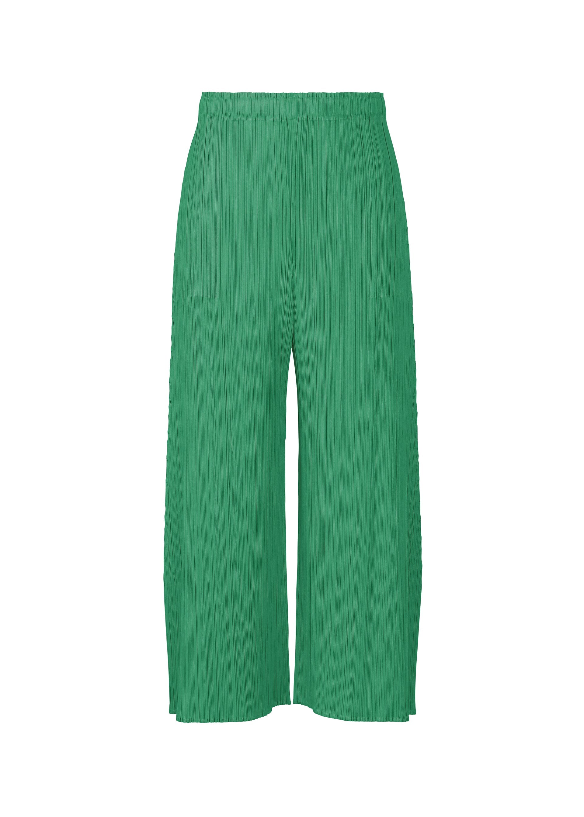 A product shot of the PLEATS PLEASE ISSEY MIYAKE MONTHLY COLORS : JULY trousers in fresh green.