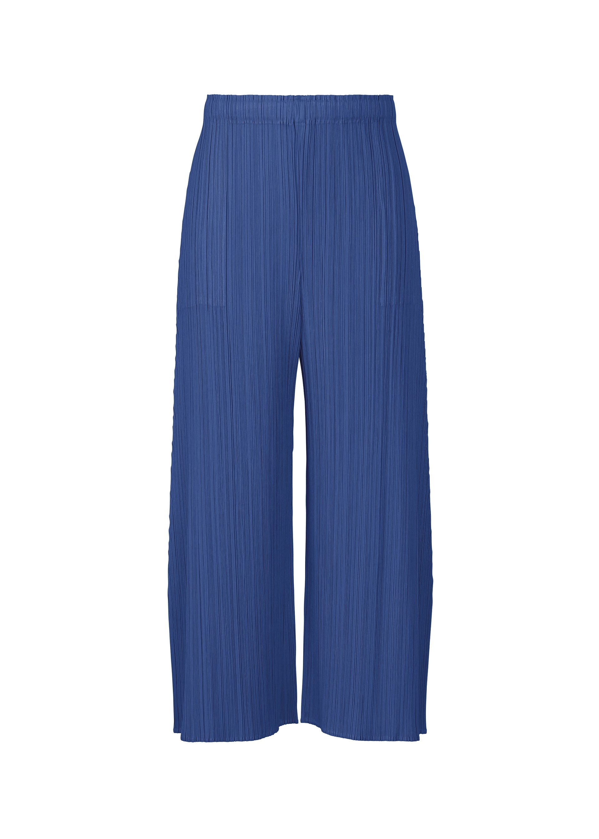 A product shot of the PLEATS PLEASE ISSEY MIYAKE MONTHLY COLORS : JULY trousers in blue.