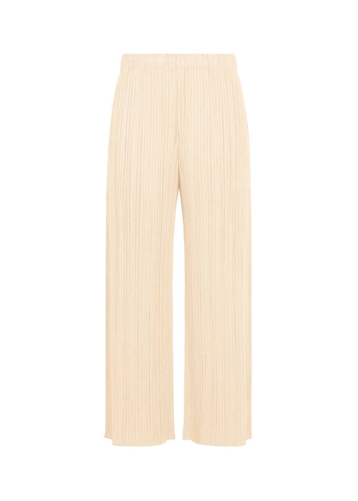 A product shot of the PLEATS PLEASE ISSEY MIYAKE MONTHLY COLORS : AUGUST trousers in off white.
