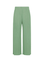 A product shot of the PLEATS PLEASE ISSEY MIYAKE MONTHLY COLORS : AUGUST trousers in grayish green.
