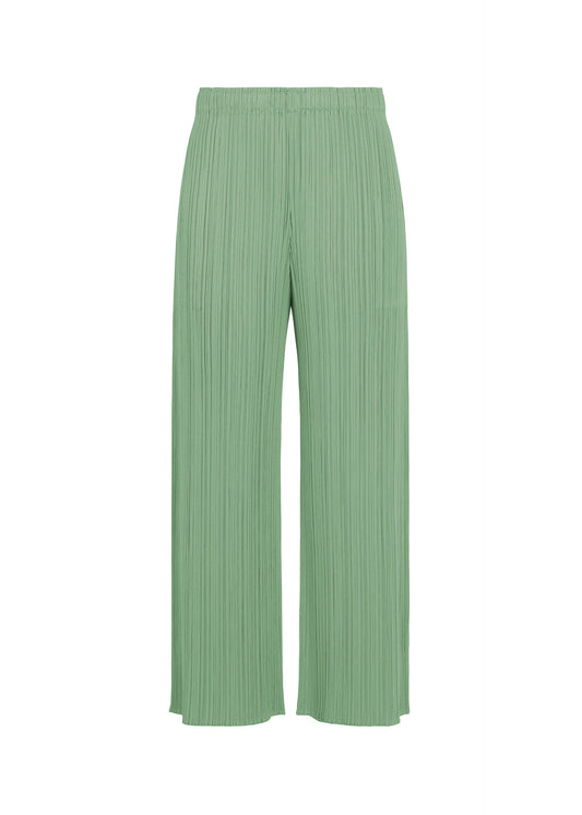 A product shot of the PLEATS PLEASE ISSEY MIYAKE MONTHLY COLORS : AUGUST trousers in grayish green.