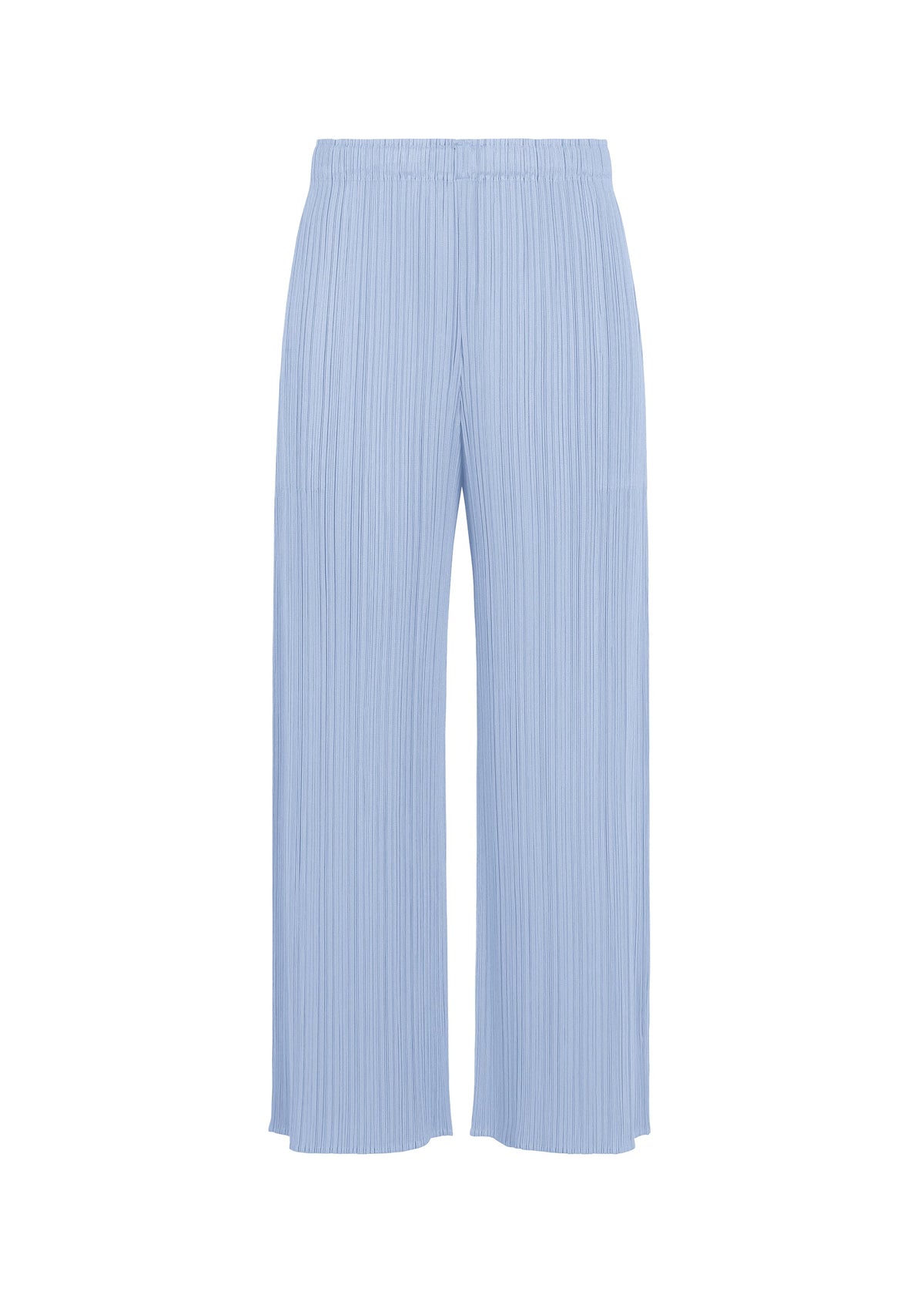 A product shot of the PLEATS PLEASE ISSEY MIYAKE MONTHLY COLORS : AUGUST trousers in light blue.