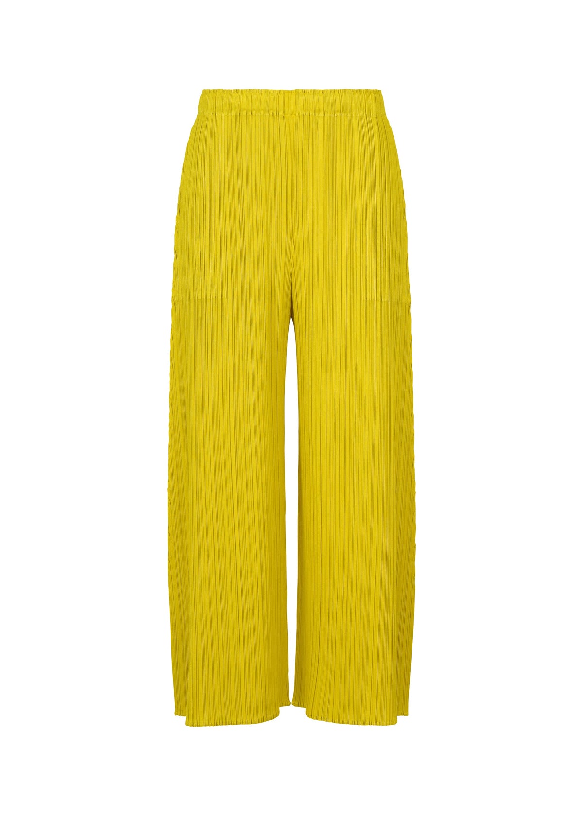 A product shot of the PLEATS PLEASE ISSEY MIYAKE MONTHLY COLORS : OCTOBER trousers in yellow ocher.