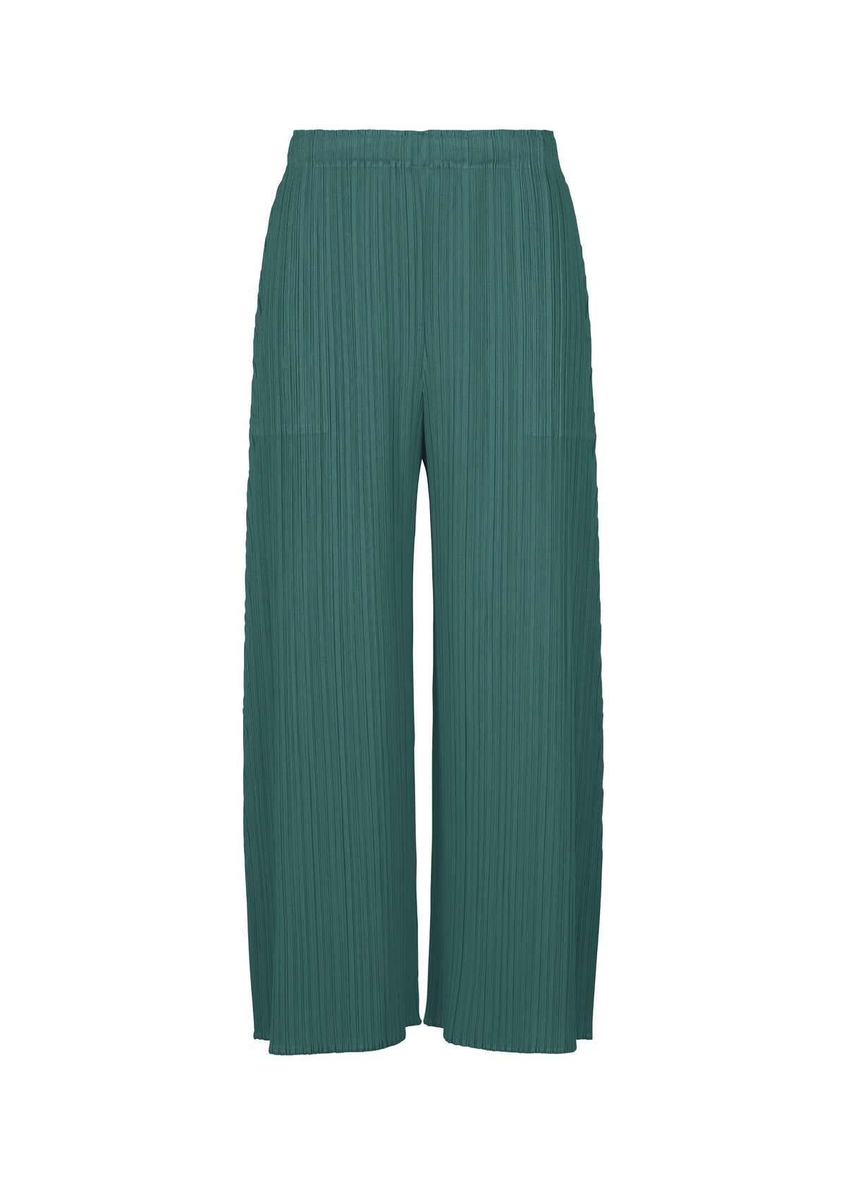A product shot of the PLEATS PLEASE ISSEY MIYAKE MONTHLY COLORS : OCTOBER trousers in blue green.