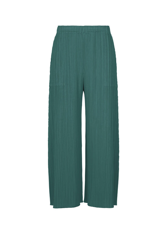 A product shot of the PLEATS PLEASE ISSEY MIYAKE MONTHLY COLORS : OCTOBER trousers in blue green.