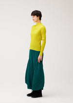 A model wears the PLEATS PLEASE ISSEY MIYAKE MONTHLY COLORS : OCTOBER monthly-colors-october-flared-trousers-blue-green.