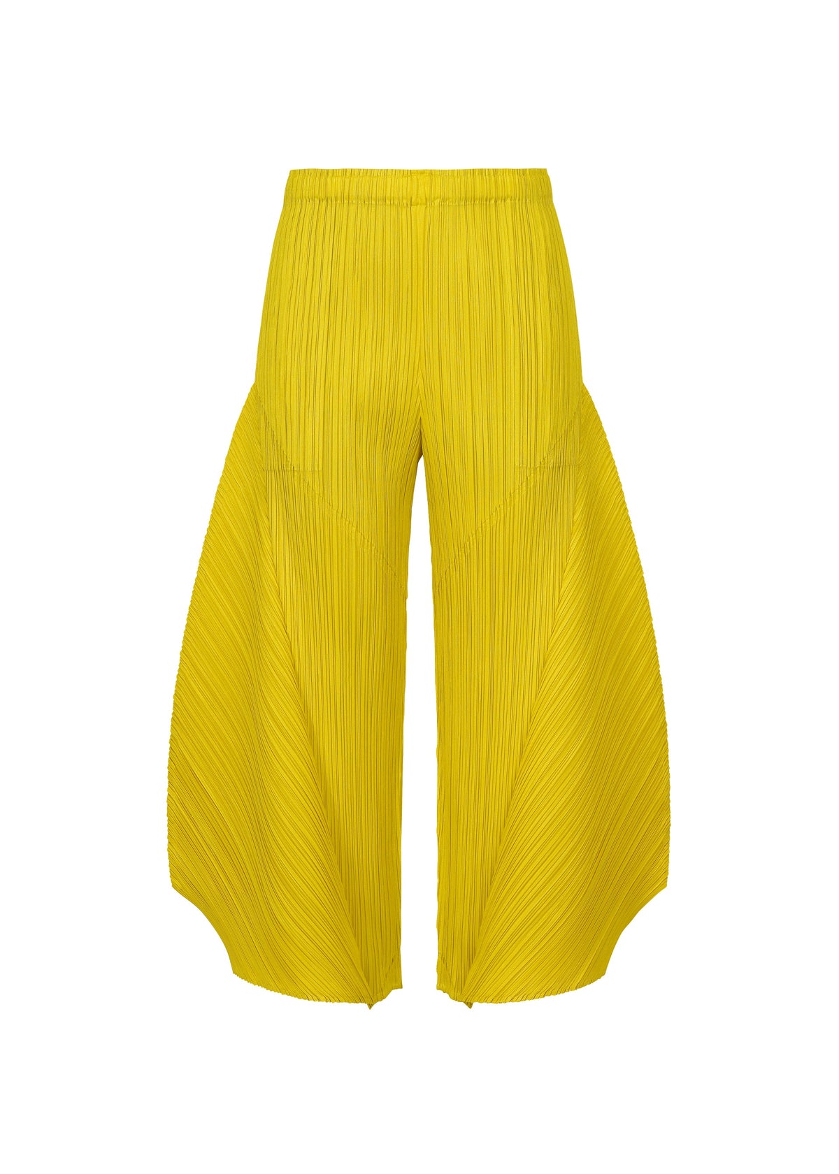 A product shot of the PLEATS PLEASE ISSEY MIYAKE MONTHLY COLORS : OCTOBER trousers in yellow ocher.
