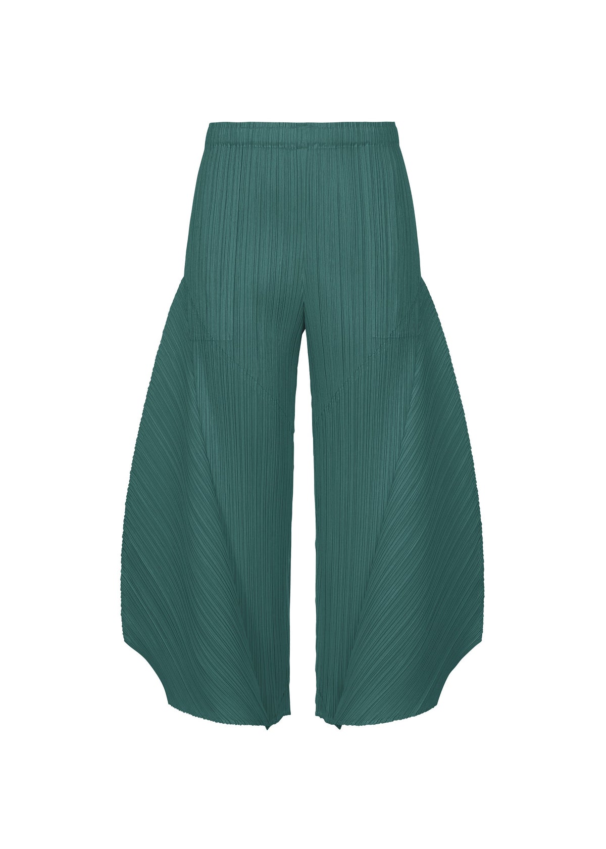 A product shot of the PLEATS PLEASE ISSEY MIYAKE MONTHLY COLORS : OCTOBER trousers in blue green.