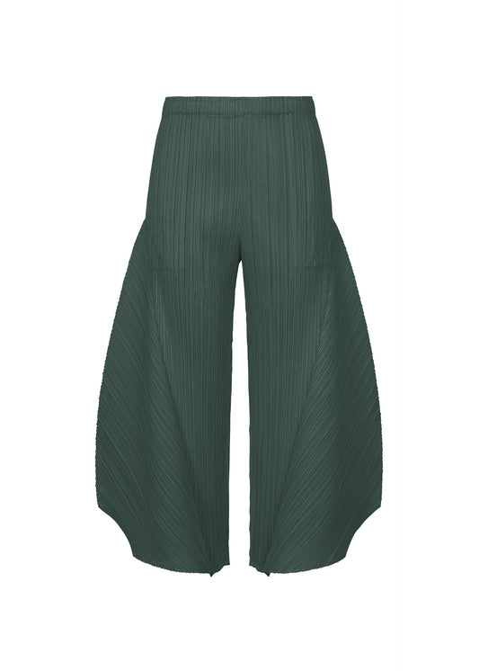 A product shot of the PLEATS PLEASE ISSEY MIYAKE MONTHLY COLORS : OCTOBER trousers in dark green.