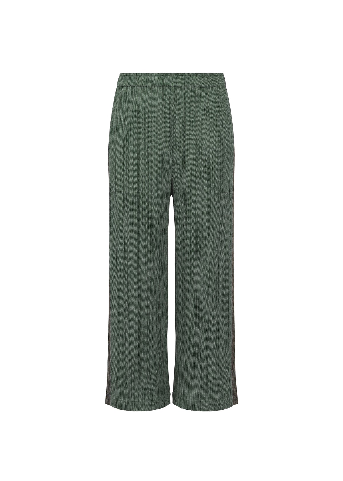 A product shot of the PLEATS PLEASE ISSEY MIYAKE COTTON DENIM trousers in dark green.