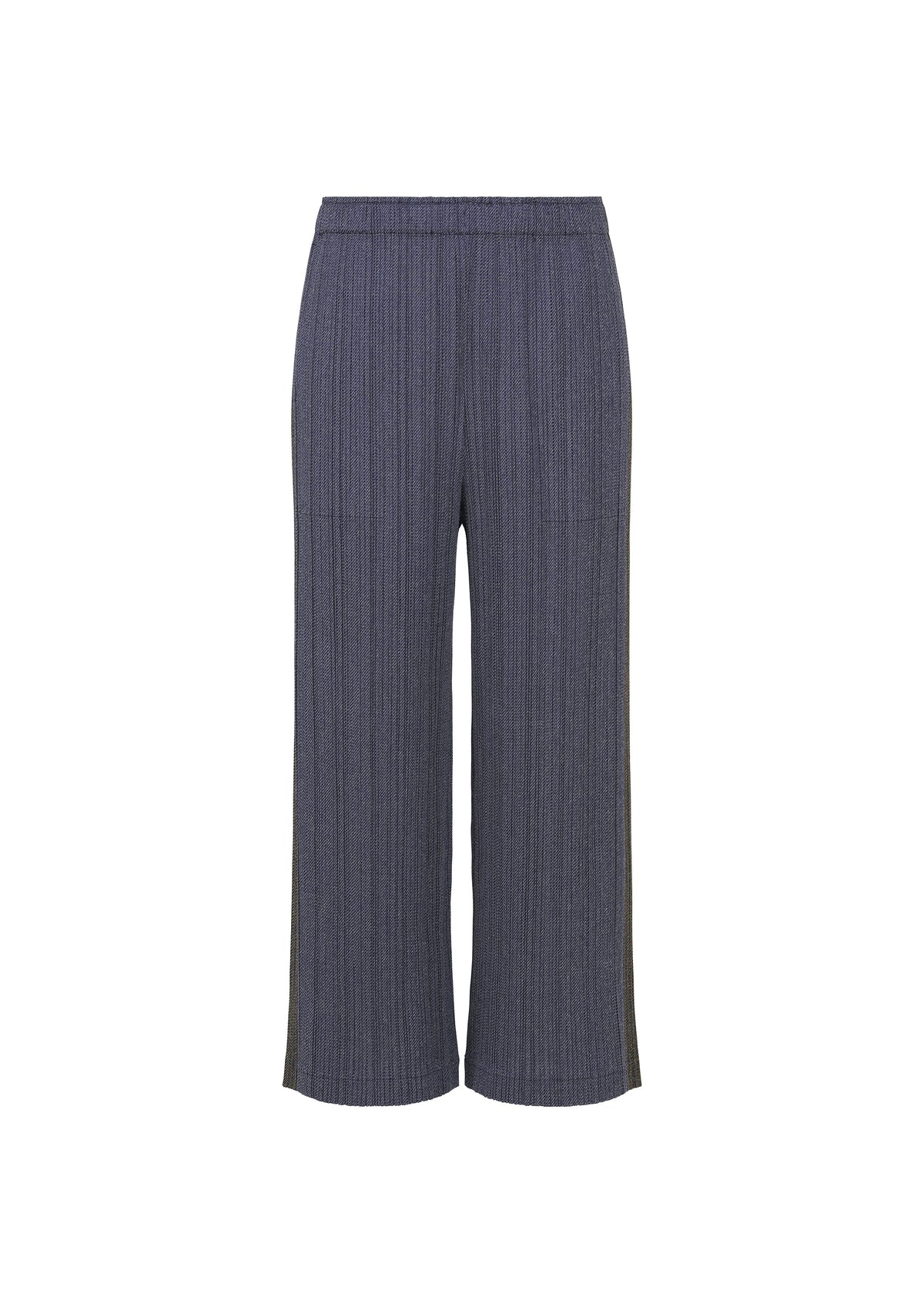 A product shot of the PLEATS PLEASE ISSEY MIYAKE COTTON DENIM trousers in navy blue.