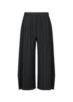 A product shot of the PLEATS PLEASE ISSEY MIYAKE MELLOW PLEATS trousers in black.