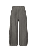 A product shot of the PLEATS PLEASE ISSEY MIYAKE MELLOW PLEATS trousers in charcoal.