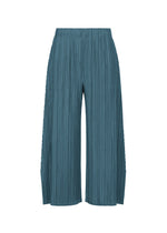 A product shot of the PLEATS PLEASE ISSEY MIYAKE MELLOW PLEATS trousers in cerulean blue.