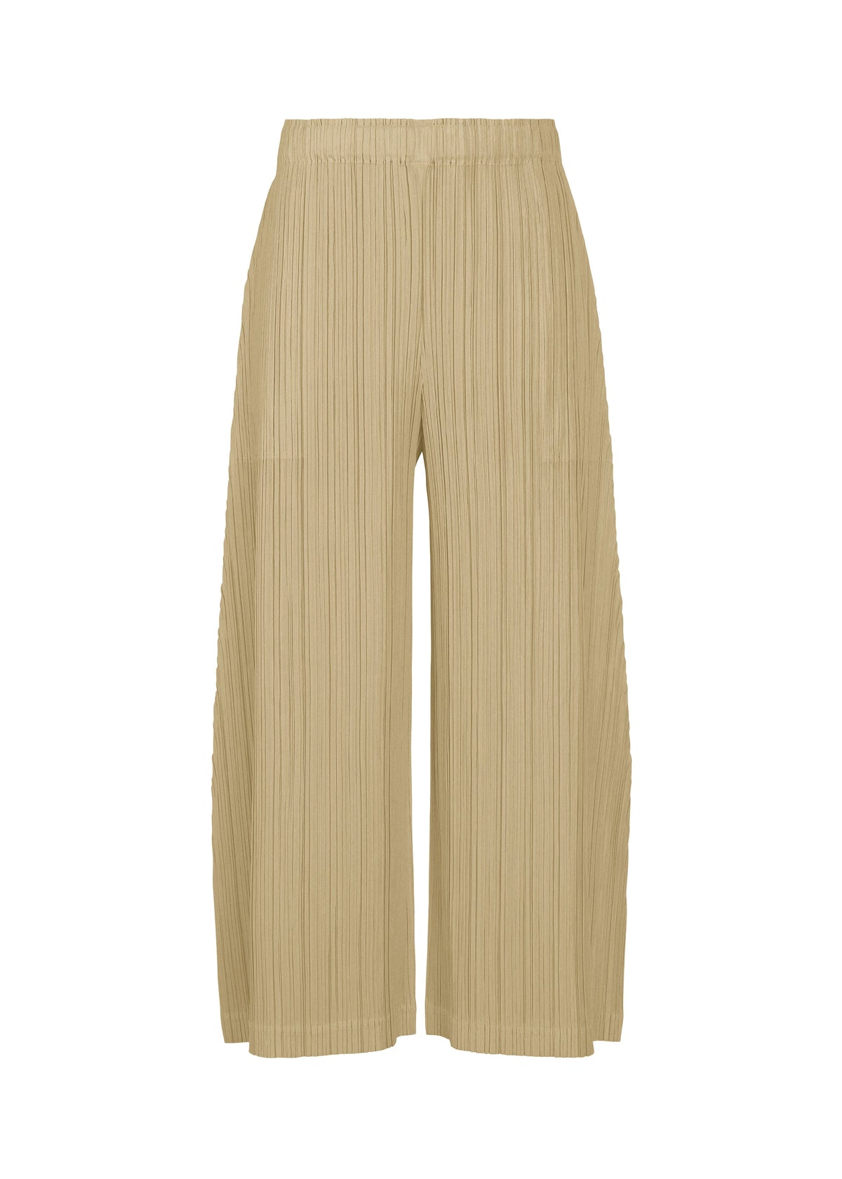 A product shot of the PLEATS PLEASE ISSEY MIYAKE THICKER BOTTOMS 1 trousers in sand beige.
