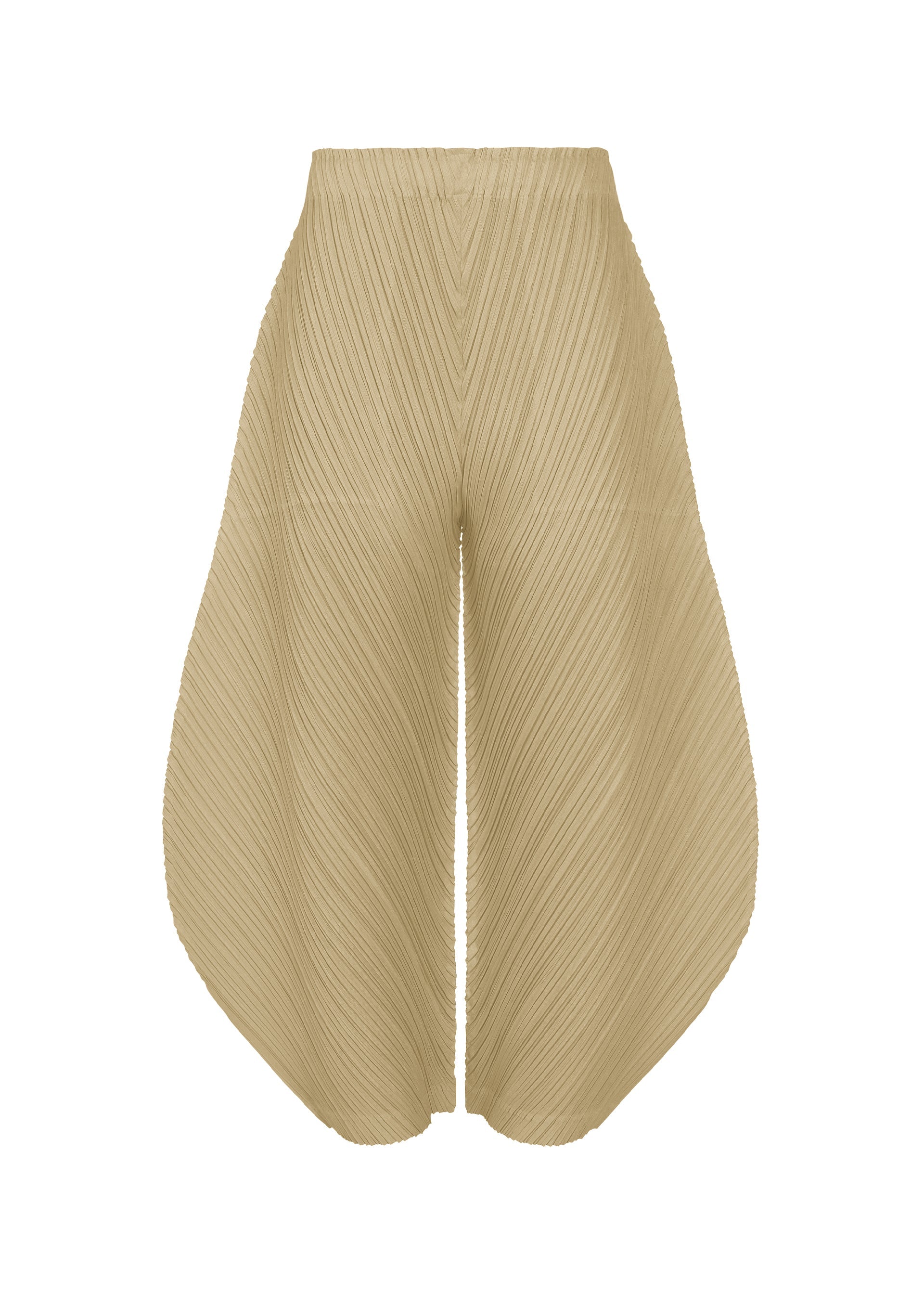 A product shot of the PLEATS PLEASE ISSEY MIYAKE THICKER BOTTOMS 1 trousers in sand beige.