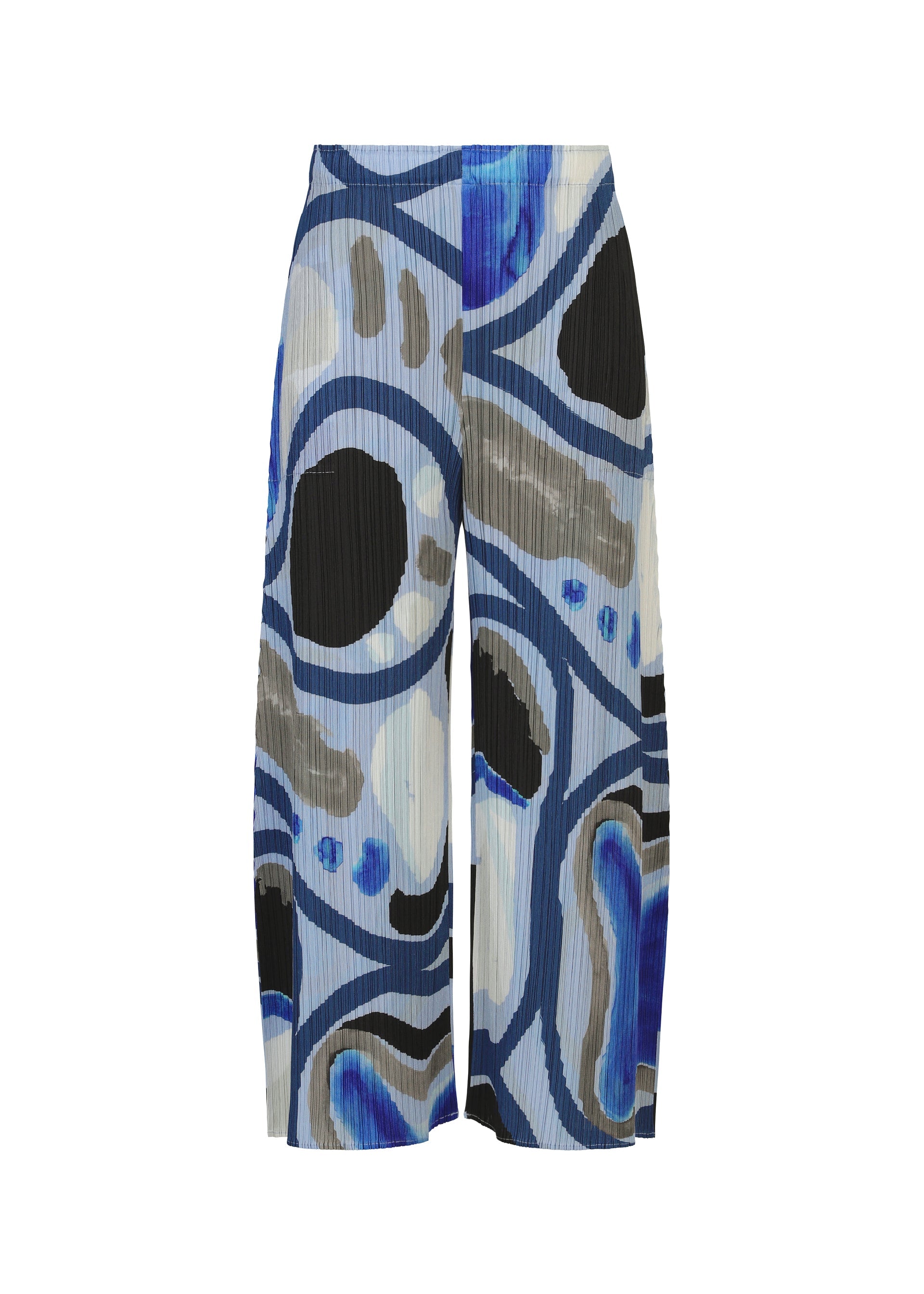 A product shot of the PLEATS PLEASE ISSEY MIYAKE ROLL trousers in light blue.