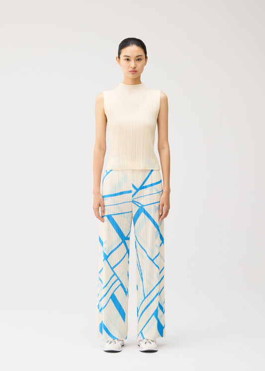 A model wears the PLEATS PLEASE ISSEY MIYAKE FOLD LINE fold-line-trousers-off-white.