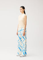 A model wears the PLEATS PLEASE ISSEY MIYAKE FOLD LINE fold-line-trousers-off-white.