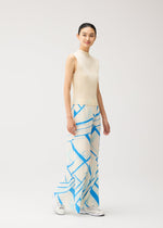 A model wears the PLEATS PLEASE ISSEY MIYAKE FOLD LINE fold-line-trousers-off-white.