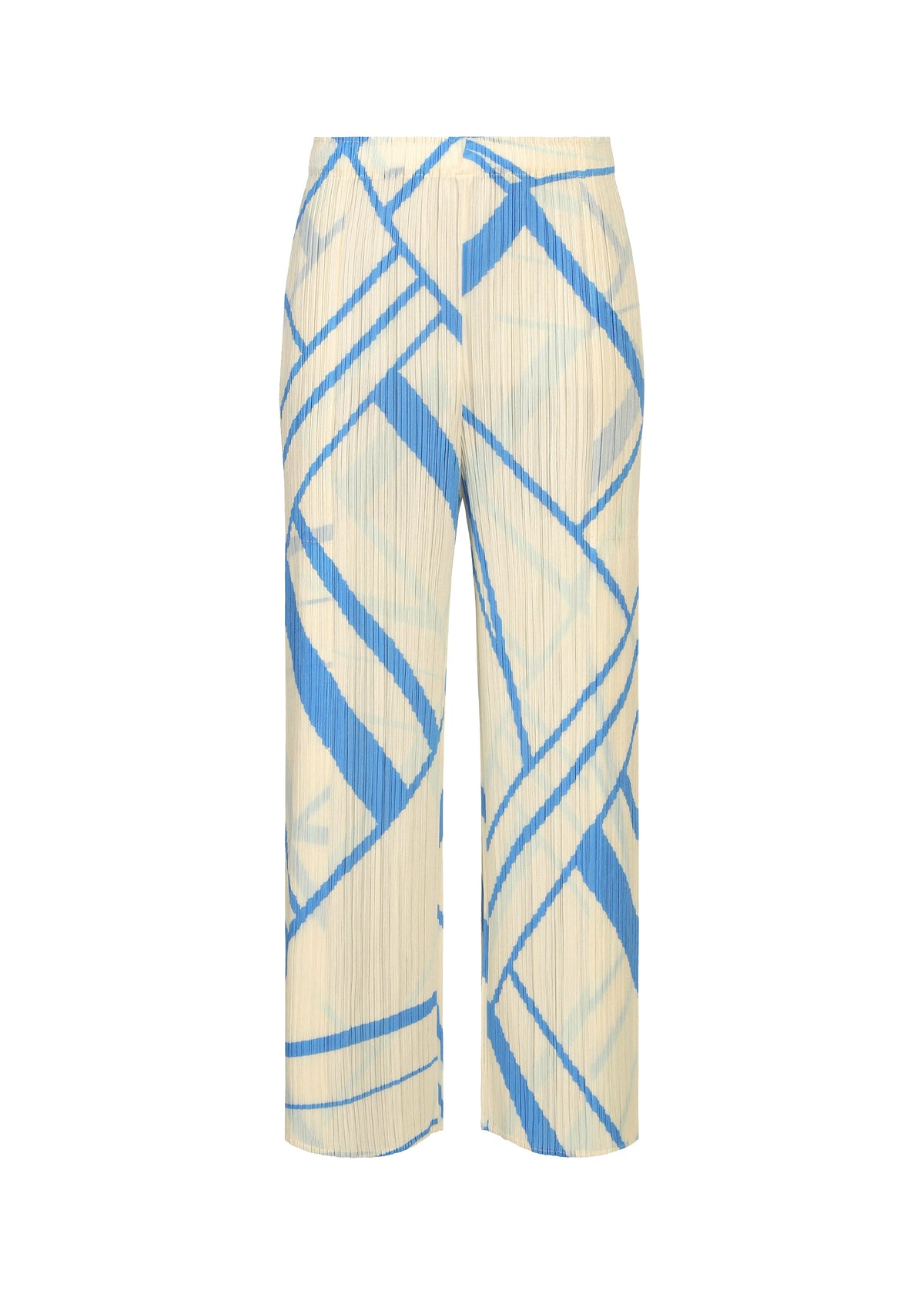 A product shot of the PLEATS PLEASE ISSEY MIYAKE FOLD LINE trousers in off white.