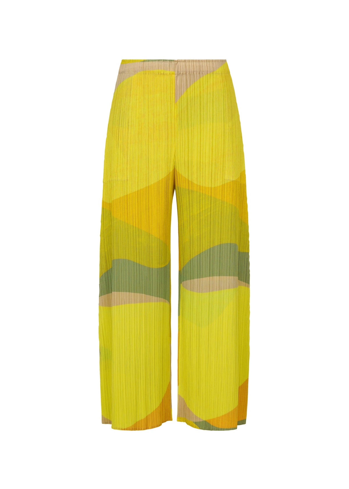 A product shot of the PLEATS PLEASE ISSEY MIYAKE ORBIT trousers in yellow.