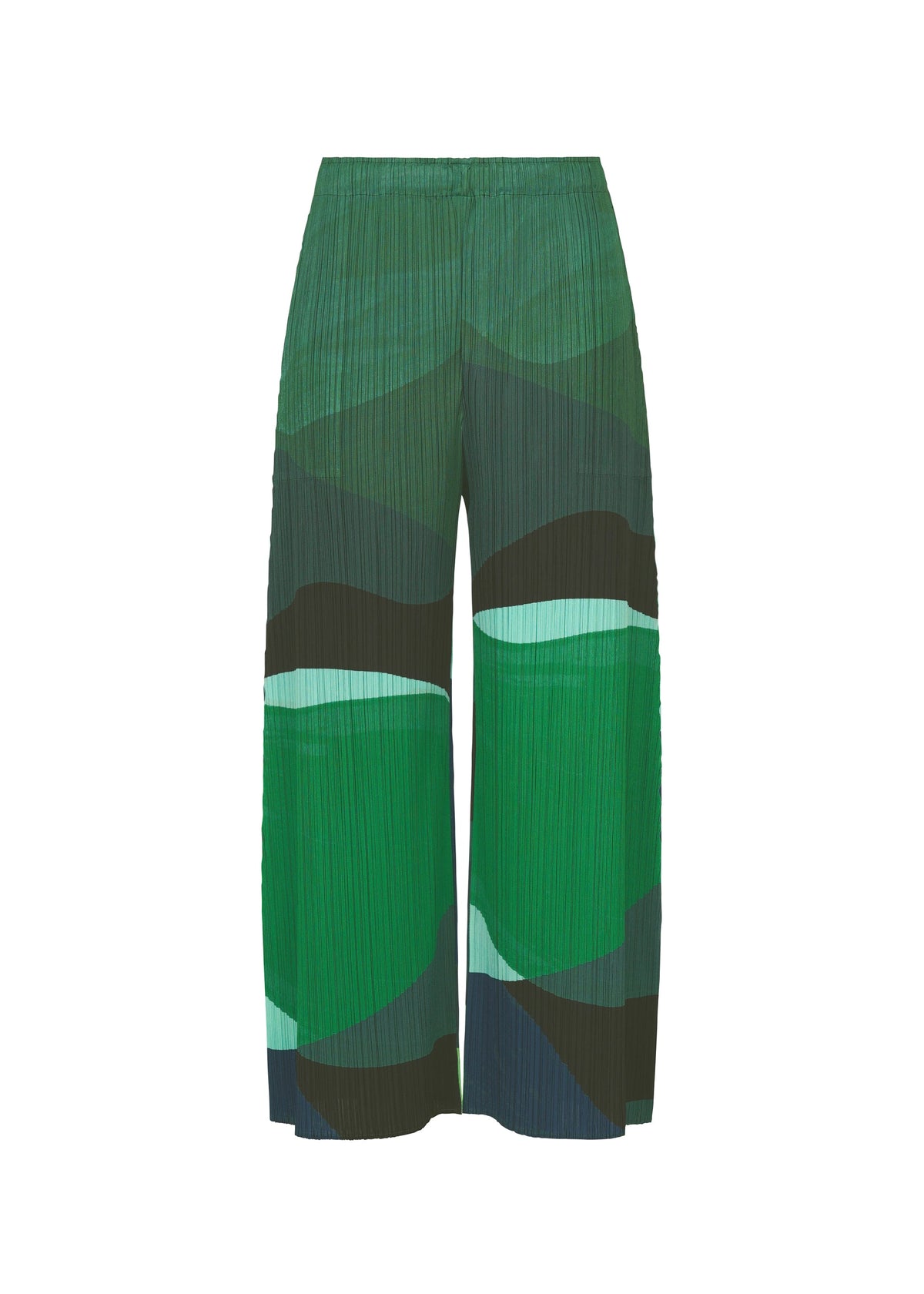A product shot of the PLEATS PLEASE ISSEY MIYAKE ORBIT trousers in green.