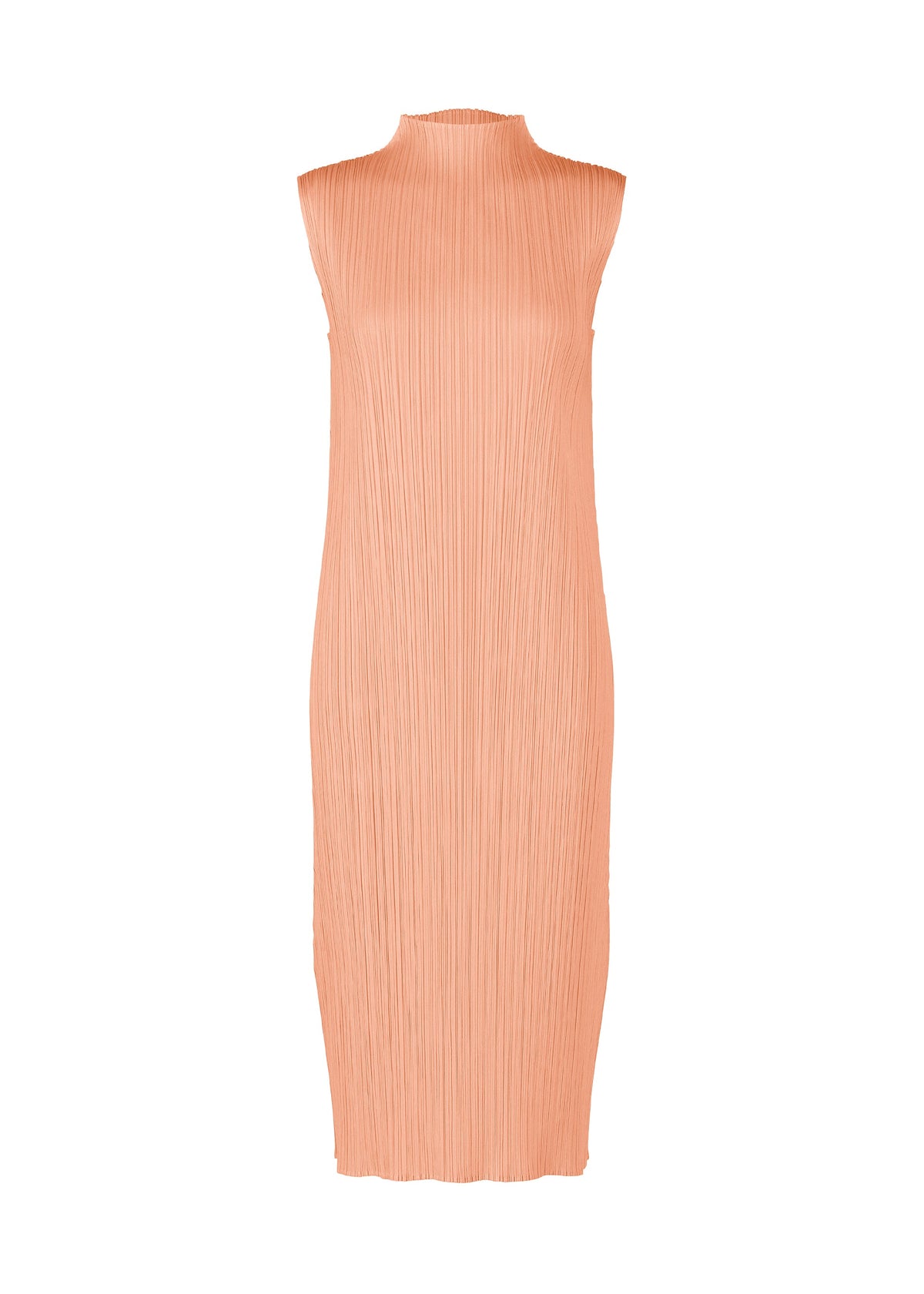 A product shot of the PLEATS PLEASE ISSEY MIYAKE MONTHLY COLORS : JULY dress in pale orange.