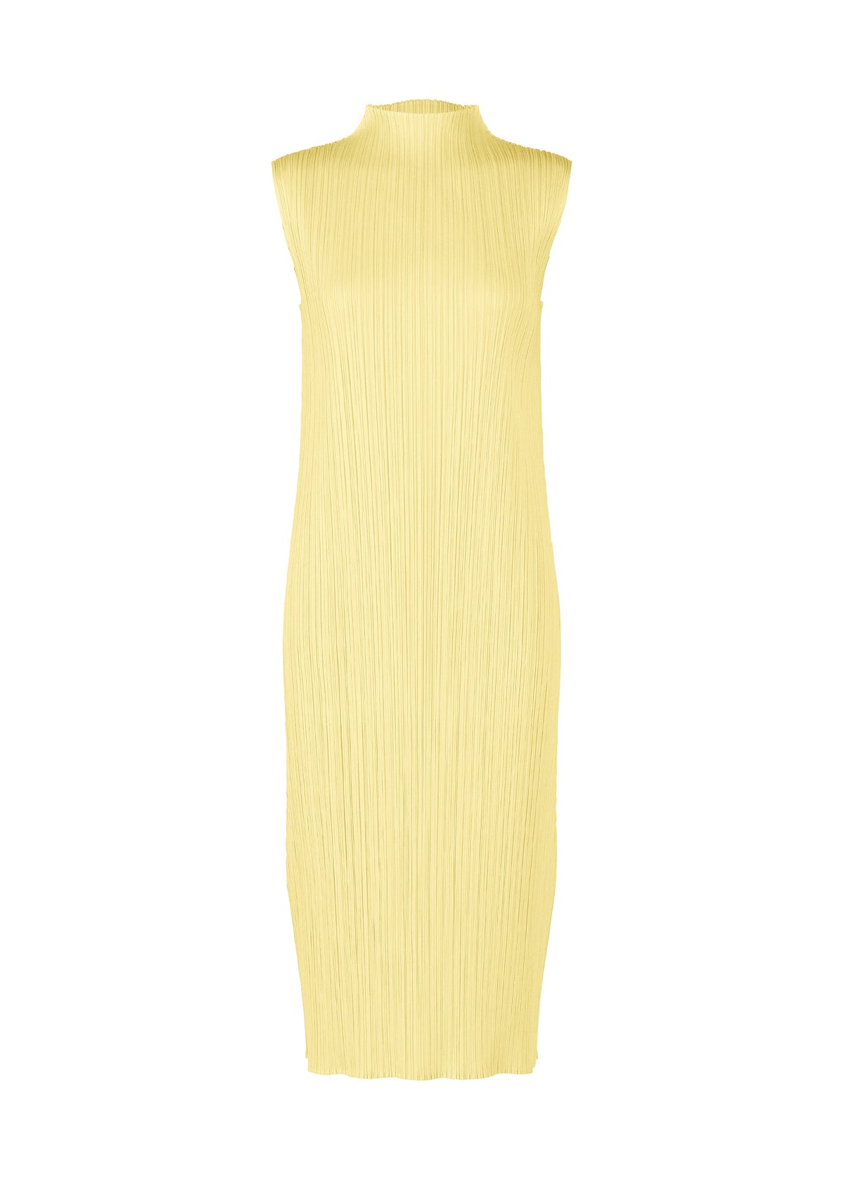 A product shot of the PLEATS PLEASE ISSEY MIYAKE MONTHLY COLORS : JULY dress in pale yellow.