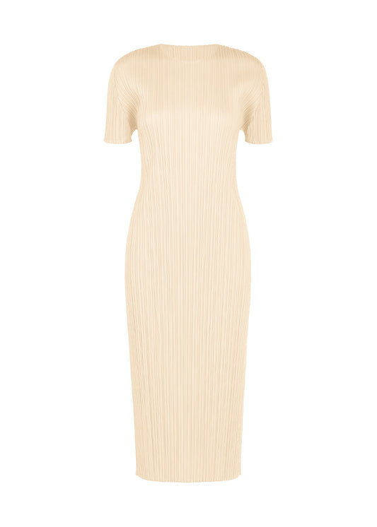 A product shot of the PLEATS PLEASE ISSEY MIYAKE MONTHLY COLORS : AUGUST dress in off white.