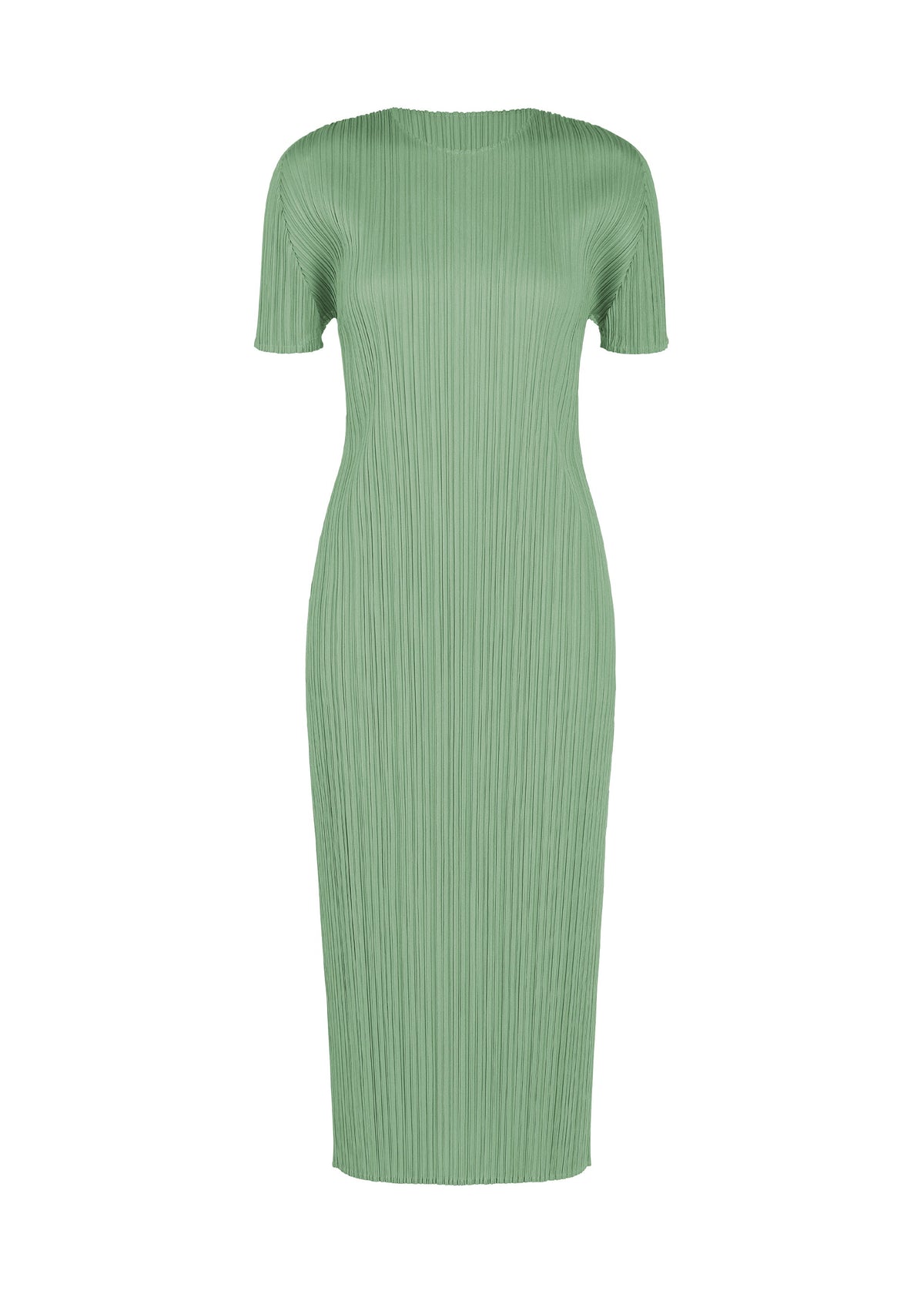A product shot of the PLEATS PLEASE ISSEY MIYAKE MONTHLY COLORS : AUGUST dress in grayish green.