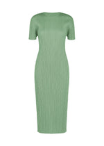 A product shot of the PLEATS PLEASE ISSEY MIYAKE MONTHLY COLORS : AUGUST dress in grayish green.