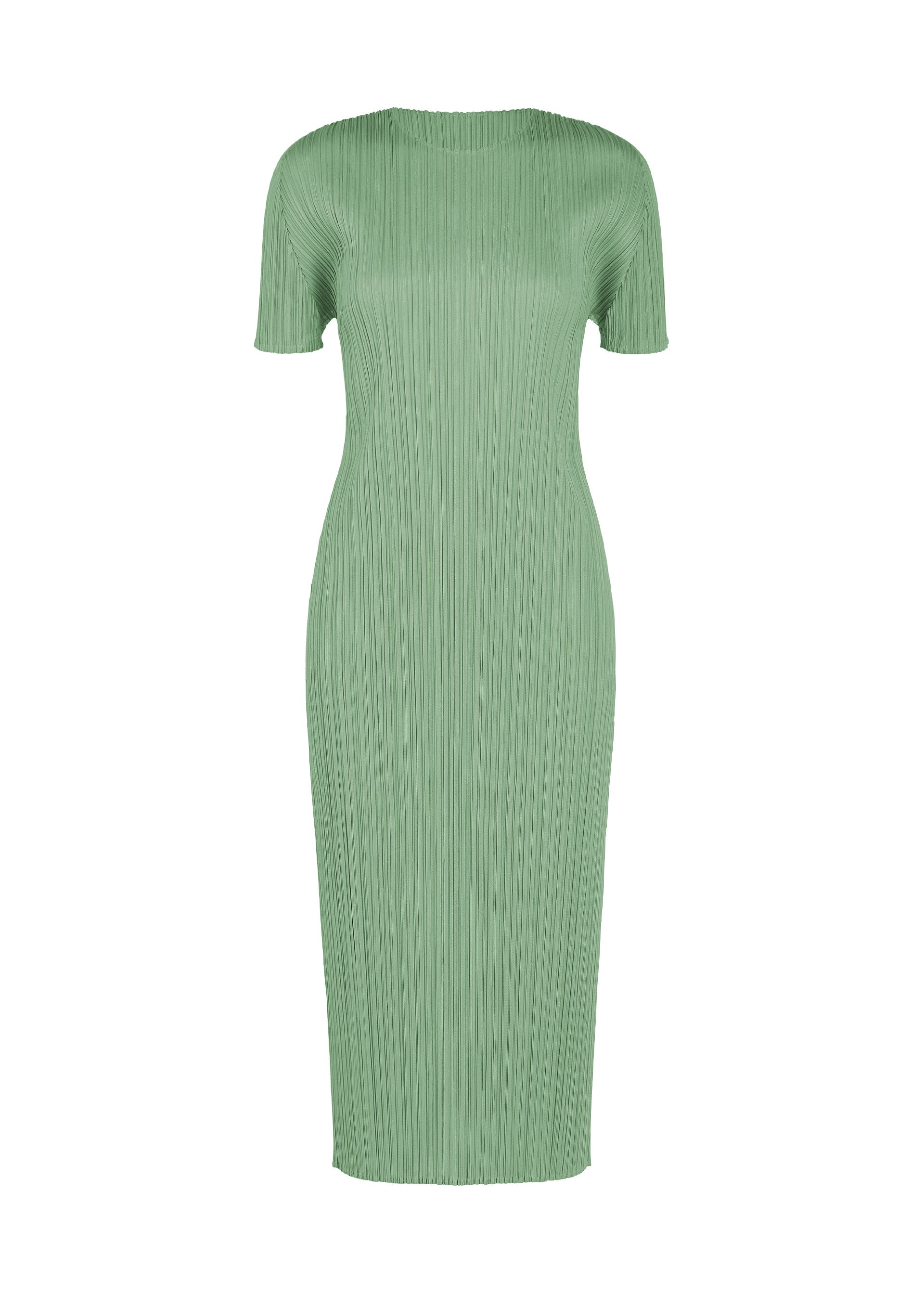 A product shot of the PLEATS PLEASE ISSEY MIYAKE MONTHLY COLORS : AUGUST dress in grayish green.