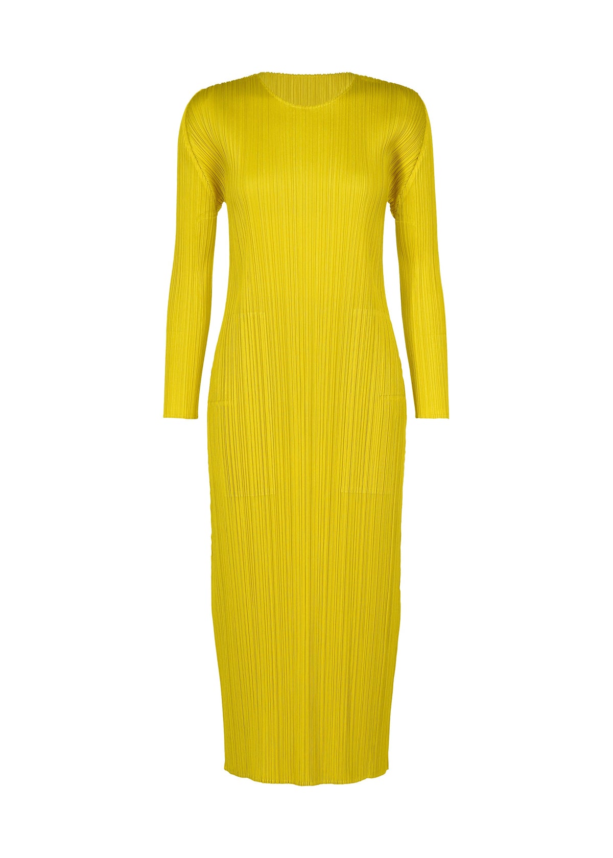 A product shot of the PLEATS PLEASE ISSEY MIYAKE MONTHLY COLORS : OCTOBER dress in yellow ocher.