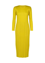 A product shot of the PLEATS PLEASE ISSEY MIYAKE MONTHLY COLORS : OCTOBER dress in yellow ocher.