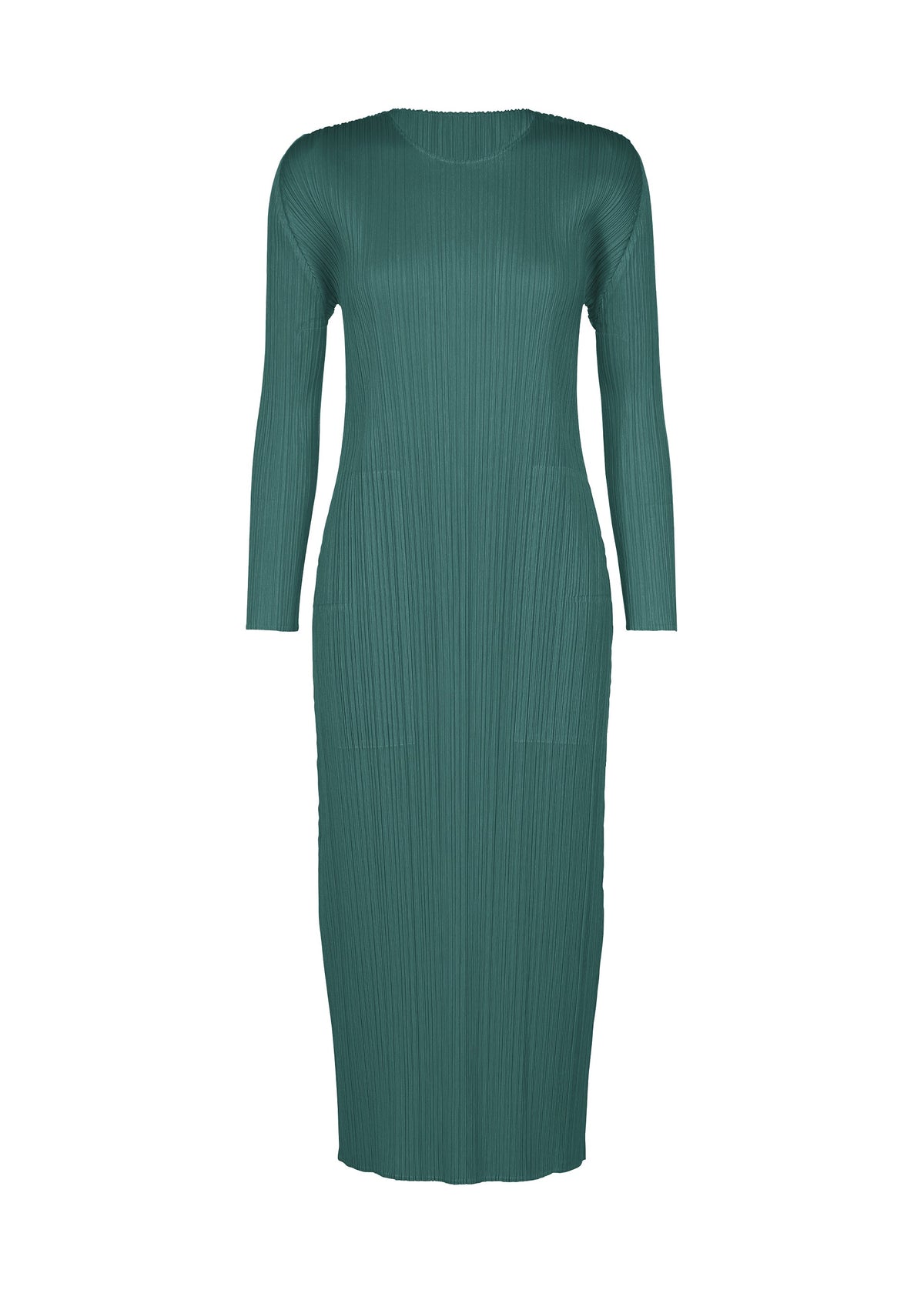A product shot of the PLEATS PLEASE ISSEY MIYAKE MONTHLY COLORS : OCTOBER dress in blue green.