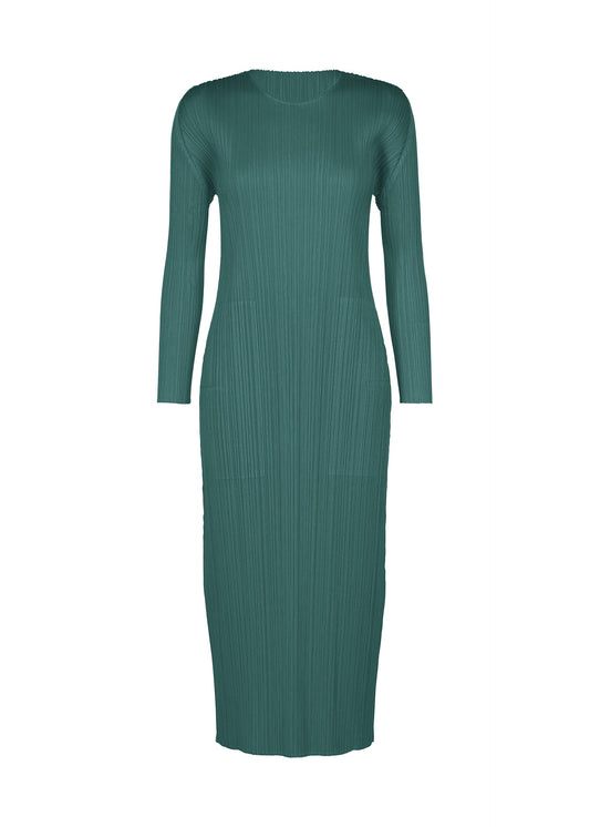 A product shot of the PLEATS PLEASE ISSEY MIYAKE MONTHLY COLORS : OCTOBER dress in blue green.