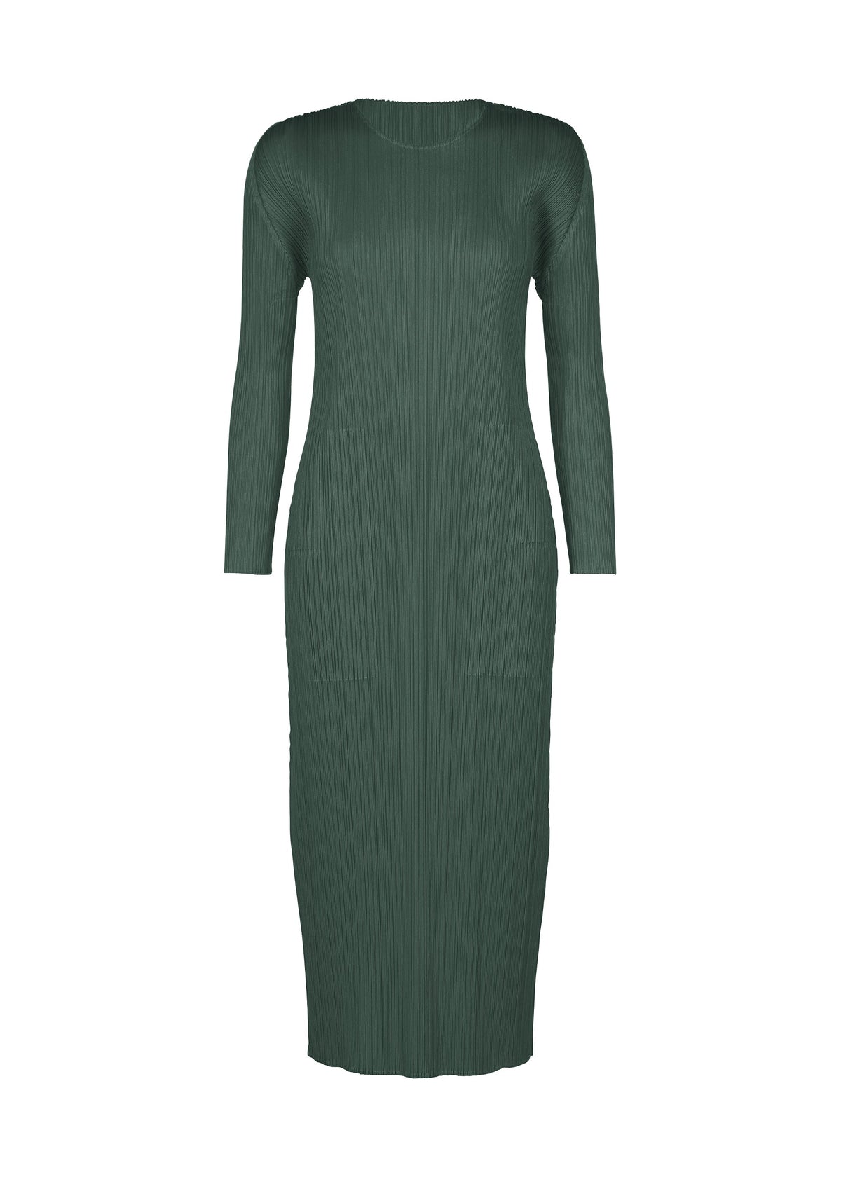 A product shot of the PLEATS PLEASE ISSEY MIYAKE MONTHLY COLORS : OCTOBER dress in dark green.