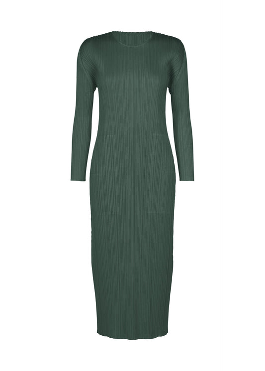 A product shot of the PLEATS PLEASE ISSEY MIYAKE MONTHLY COLORS : OCTOBER dress in dark green.