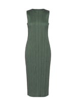 A product shot of the PLEATS PLEASE ISSEY MIYAKE COTTON DENIM dress in dark green.