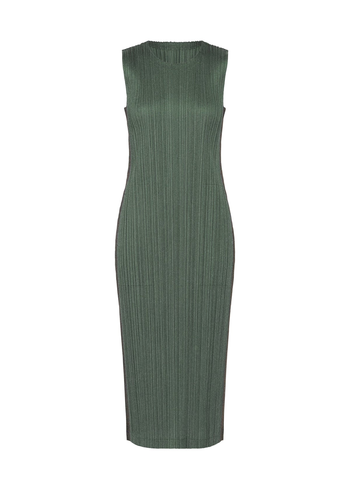 A product shot of the PLEATS PLEASE ISSEY MIYAKE COTTON DENIM dress in dark green.